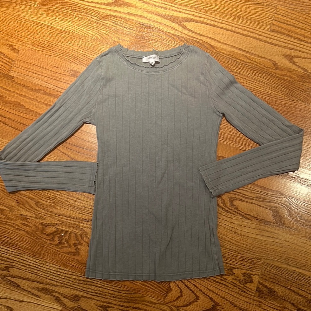 Hashtag light blue ribbed long sleeve tee with detail at neck, sleeves and hem